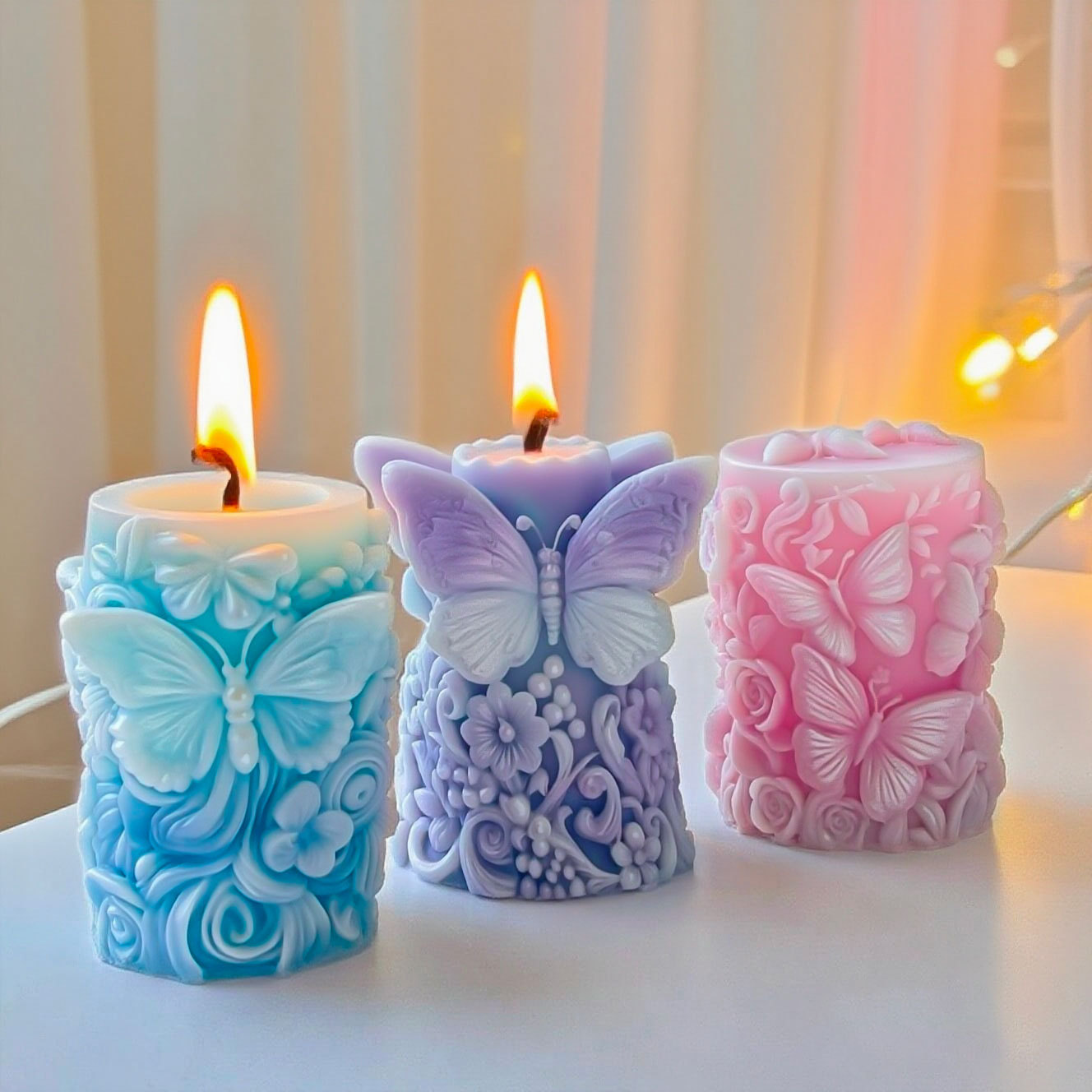 Candle Supplies Storage - 3D Kelebek Çiçekler Rölyef Silindir Mum
